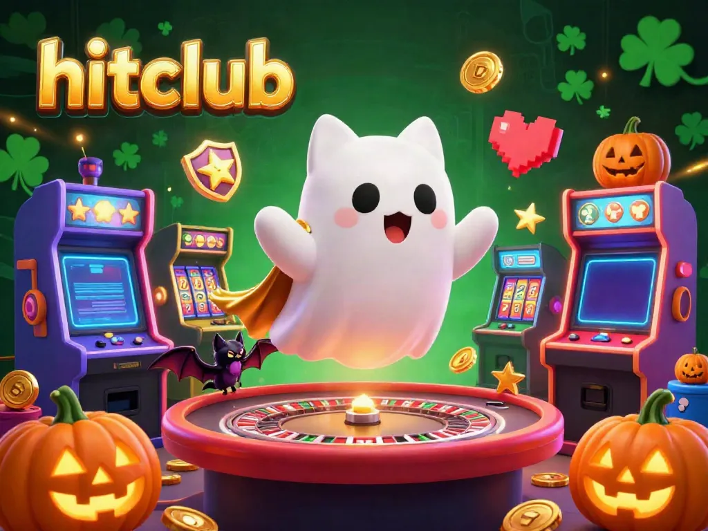 Experience hitclub's vibrant casino atmosphere with a 3D ghost cat and vampire bat among lively gaming elements.
