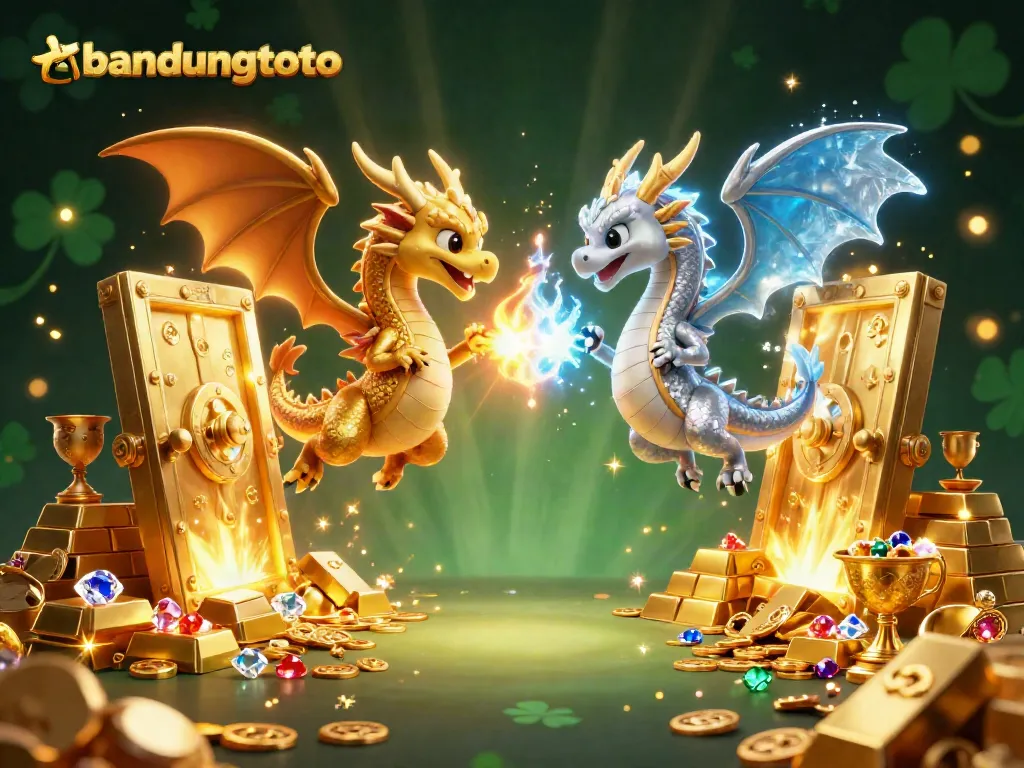 Engage with bandungtoto's thrilling gaming scene showcased by gold and silver dragons amidst a treasure-filled casino.
