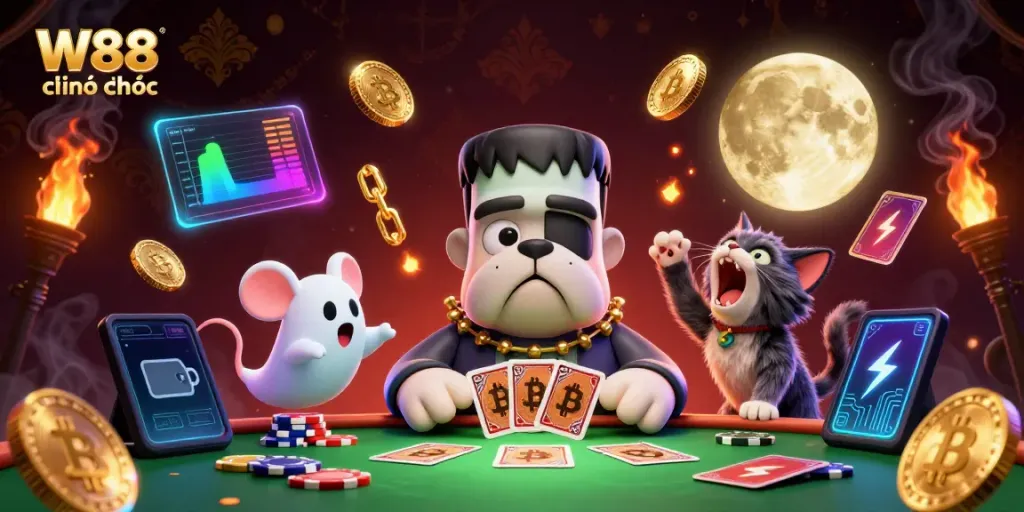 Join W88 chính thức for a thrilling gaming experience with cartoon characters in an exciting casino setting.