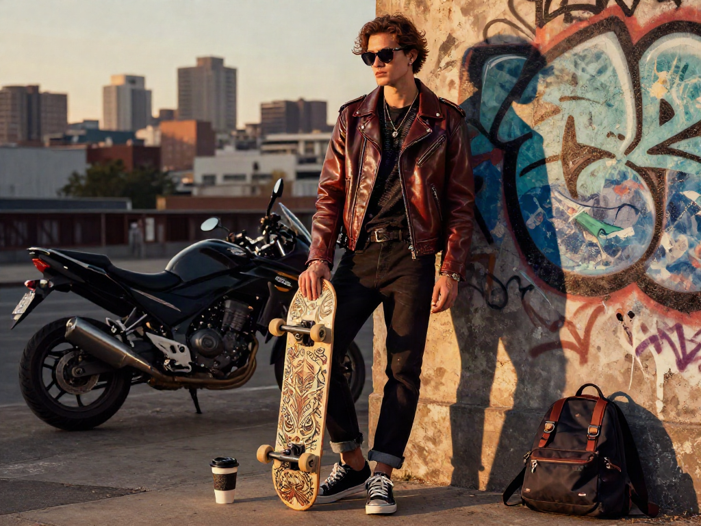Stylish model in leather jackets against urban backdrop with skateboard and motorcycle.