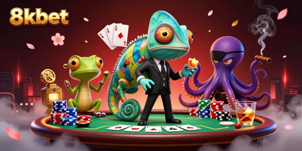 Experience thrilling poker action featuring 8xbet characters in an immersive casino scene.
