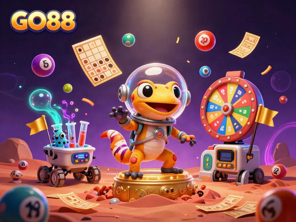 Experience GO88 with exciting game elements and vibrant alien characters celebrating in a casino setting.