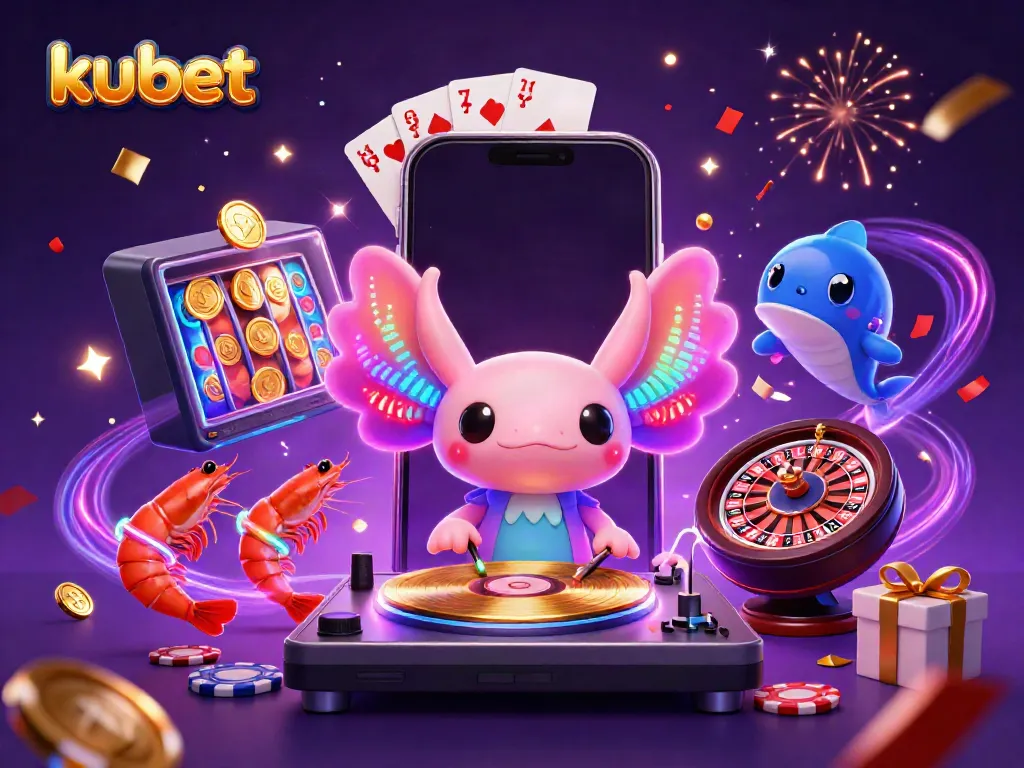 Engage with kubet's electrifying 3D scene featuring a neon axolotl DJ spinning records amidst cheering sea creatures.