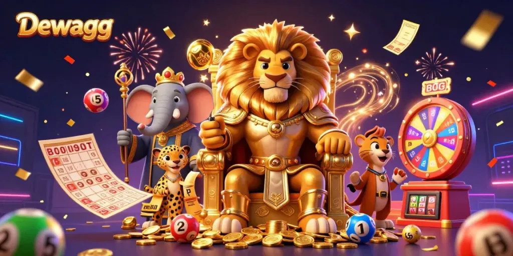 Dewagg showcases an interactive scene featuring a lion king and friends celebrating casino excitement with colorful games.