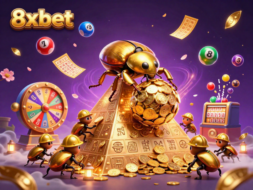 Join the excitement with 8xbet as a golden beetle rolls riches and lottery elements in a 3D casino scene.