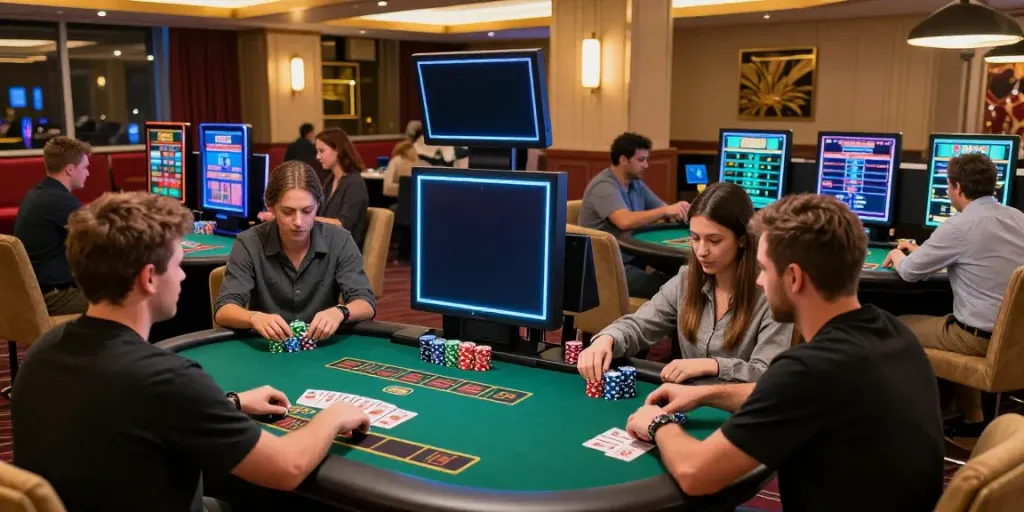Engaged players at credit card casinos enjoying live dealer games in a vibrant casino atmosphere.