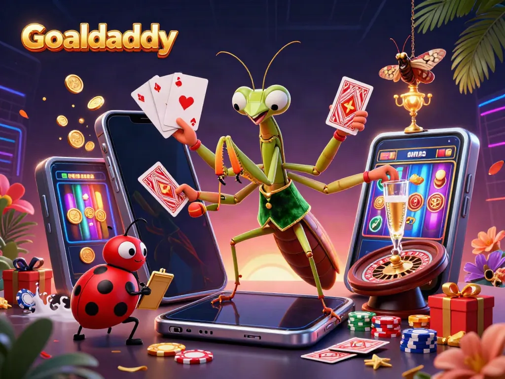 Goaldaddy presents a vibrant 3D scene of a praying mantis card sharp dealing cards amidst rich casino elements.