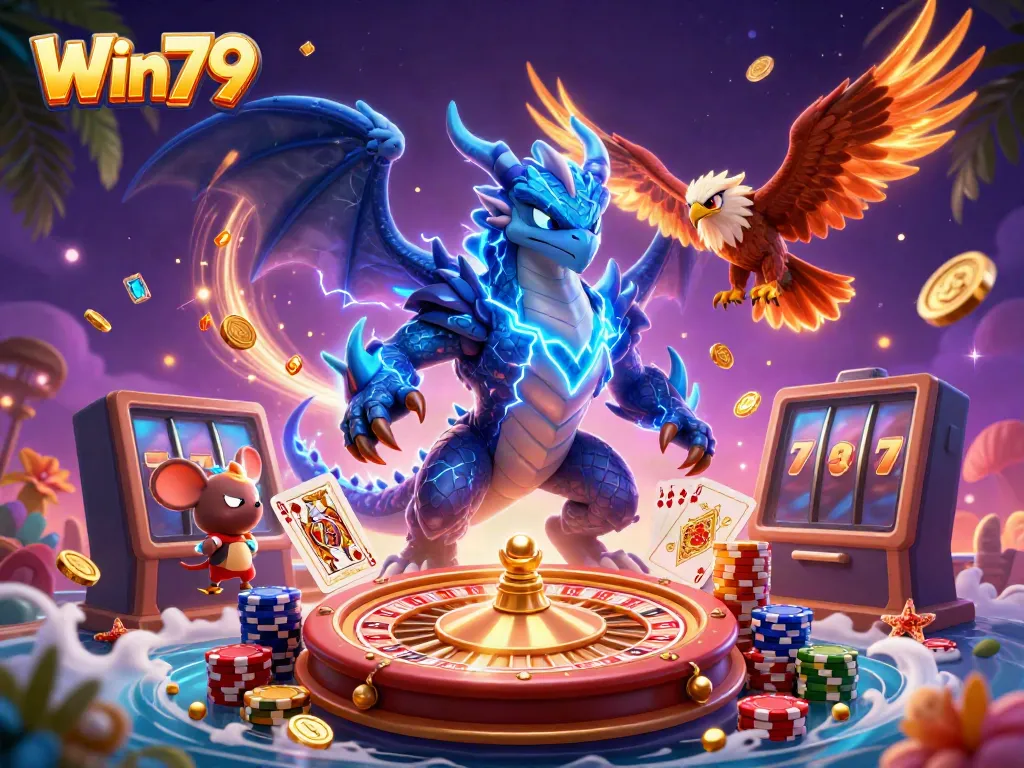 Win79 players experience thrilling wins with vibrant casino elements like roulette, cards, and coins.