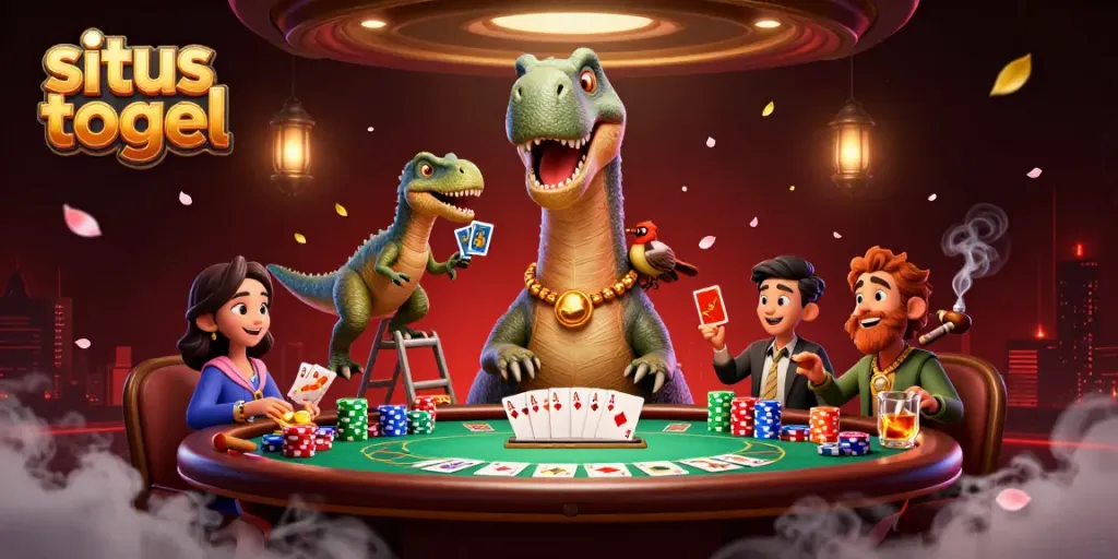 Engage in situs togel excitement with a cartoon brontosaurus overseeing a poker game in a vibrant casino.
