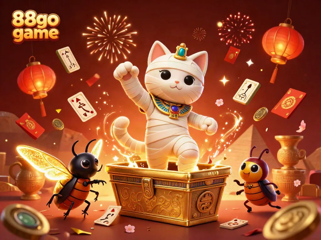 Experience the excitement of 88go game with a dynamic illustration featuring a mummy cat in a casino scene.
