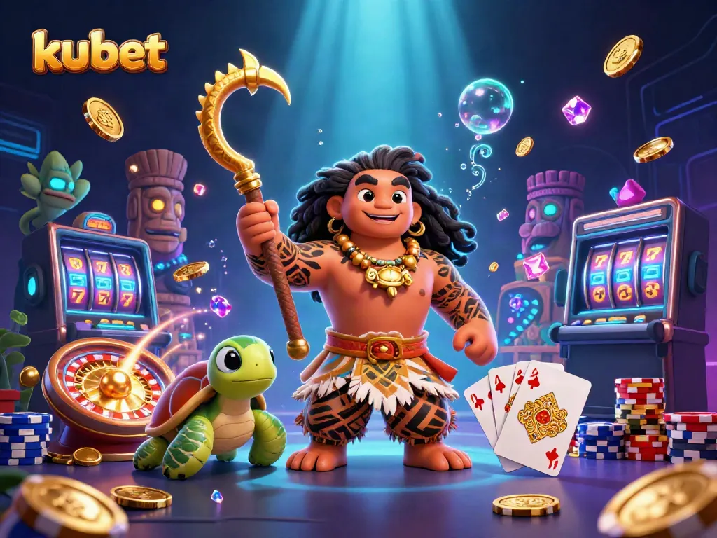Engage in thrilling moments at kubet with a vibrant 3D scene filled with casino elements.