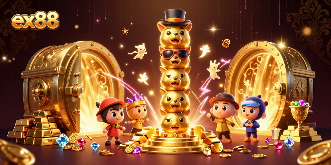Experience the excitement of ex88 as treasures and whimsical characters fill the casino scene.