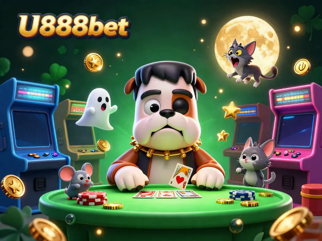 Experience thrilling gaming at U888bet with a whimsical 3D casino illustration featuring monsters playing cards.