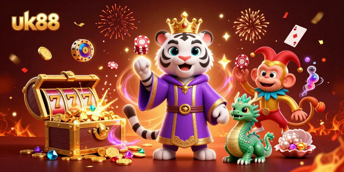 Engage in thrilling gaming adventures at uk88 with a captivating 3D illustration featuring lively characters and casino elements.