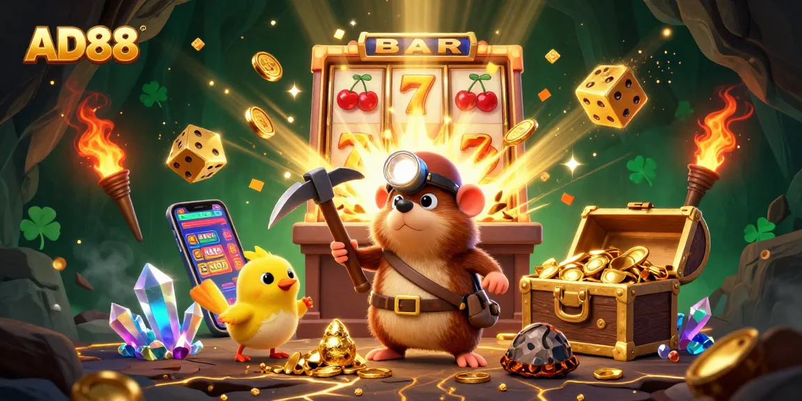 Play exciting games at AD88 with a treasure hunter mining riches in a vibrant casino world.