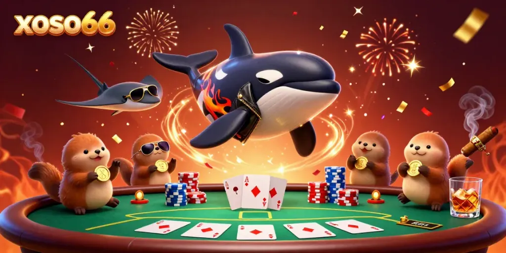 Engage with thrilling xoso66 gameplay featuring cartoon sea creatures celebrating at a poker table.