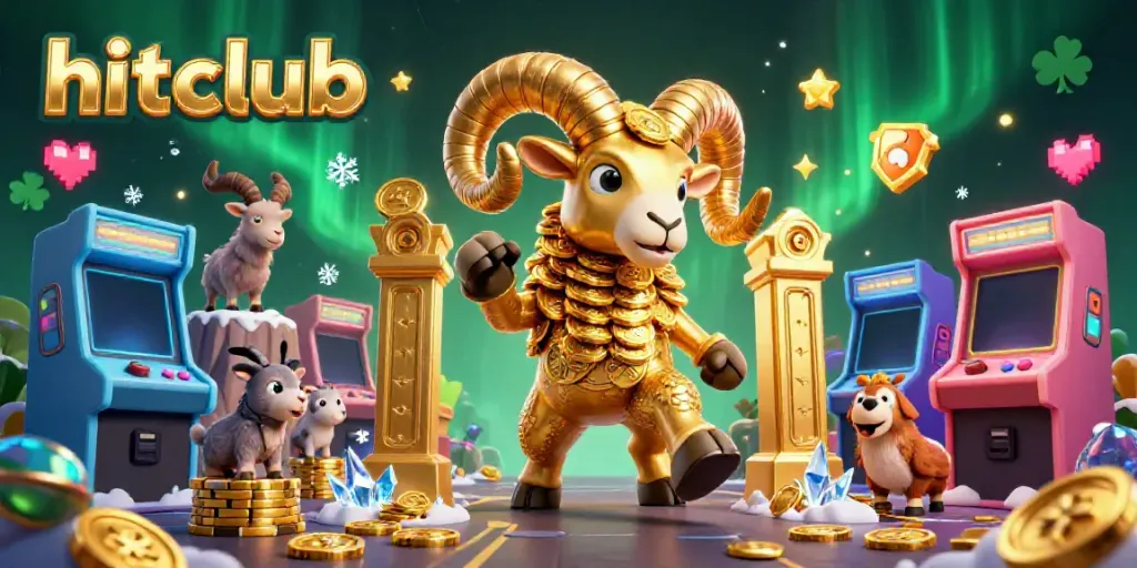 Experience thrilling gaming action at hitclub with a golden ram charging past arcade machines.