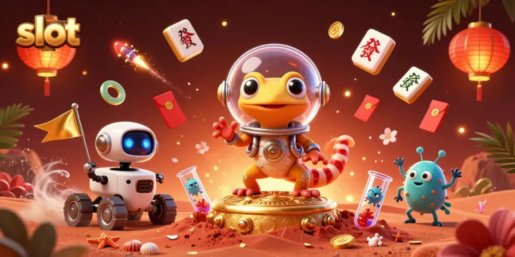 Spin slots in this vibrant scene featuring a Martian gecko exploring a golden casino.