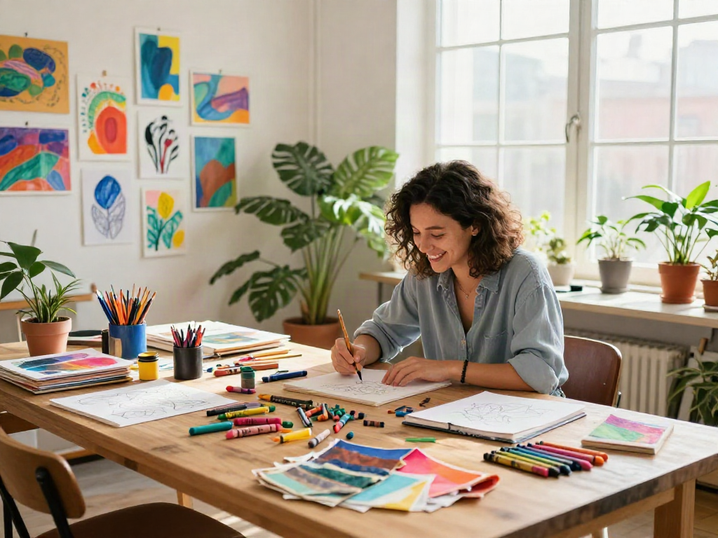 Crayon manufacturer showcasing an artist working with colorful crayons in a bright creative studio.