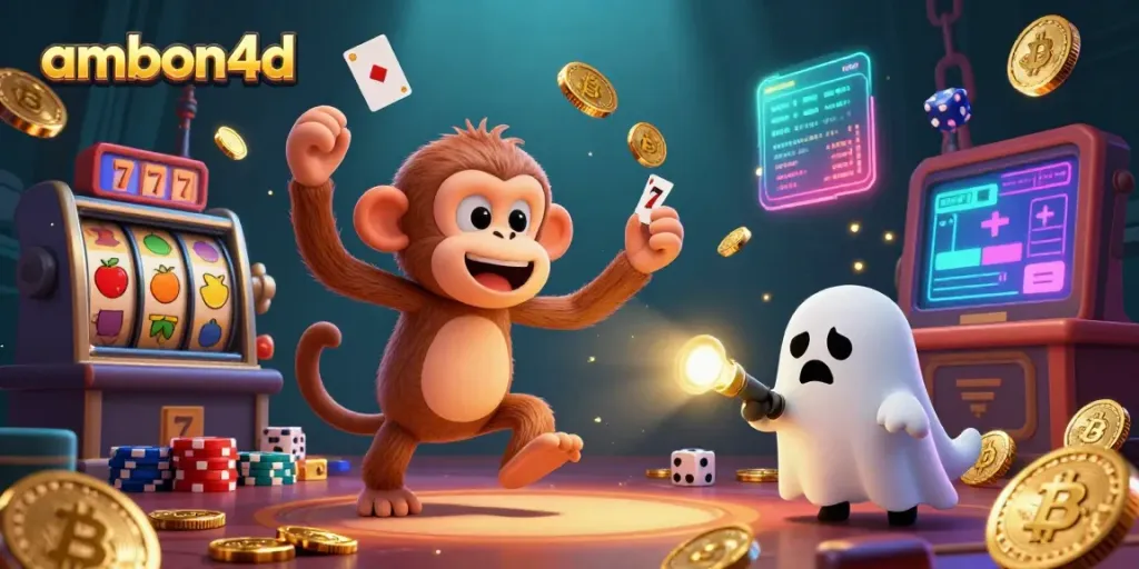 Experience the thrill of ambon4d online gambling with a magical monkey and puppy in a casino.