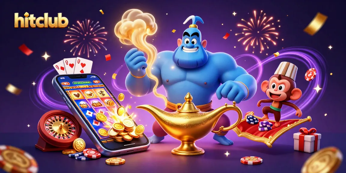 Engage in vibrant slot games with hitclub featuring a magical genie, poker chips, and golden coins.
