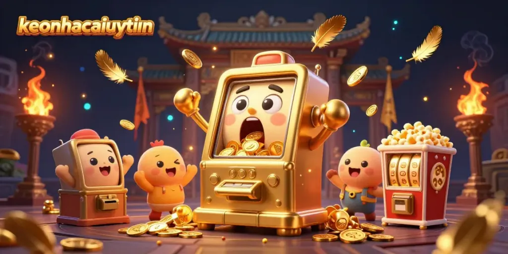 Experience excitement with keonhacaiuytinn as a golden slot machine hits its jackpot surrounded by cheering baby machines.
