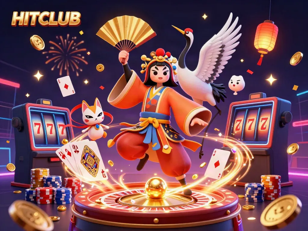 Engage with HITCLUB's vibrant gaming scene, filled with dynamic casino elements and festive spirits.