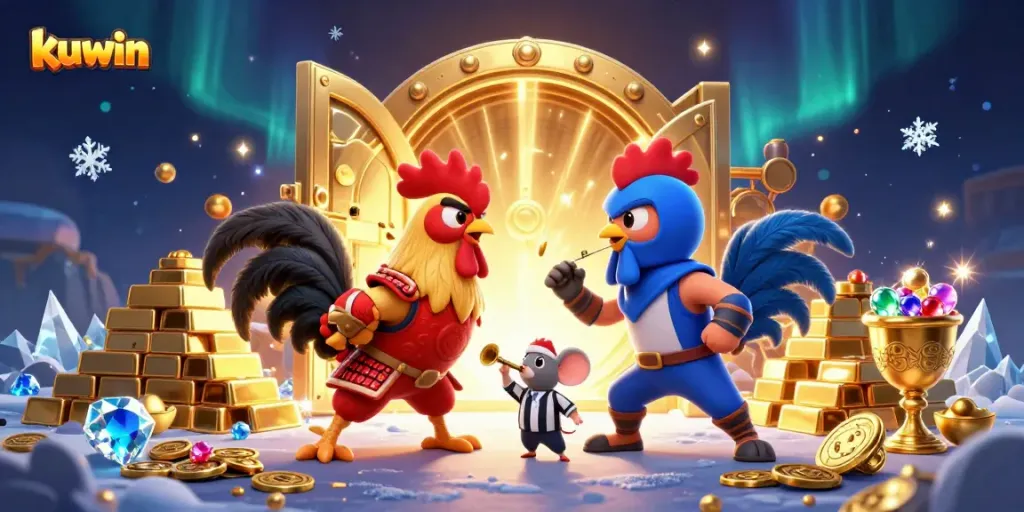 Kuwin roosters in battle, showcasing lively action in a rich casino setting