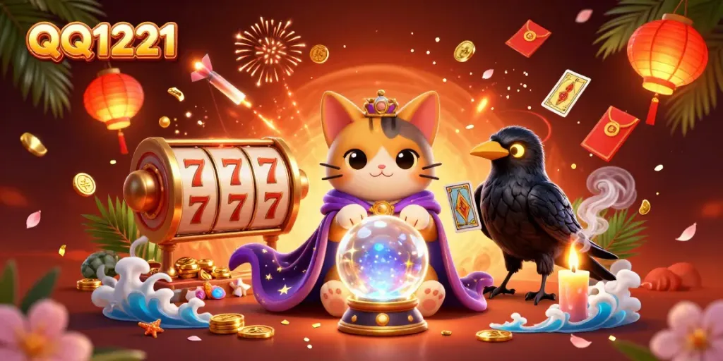 Experience the excitement of QQ1221 with a mystical scene of fortune tellers and vibrant gaming elements.