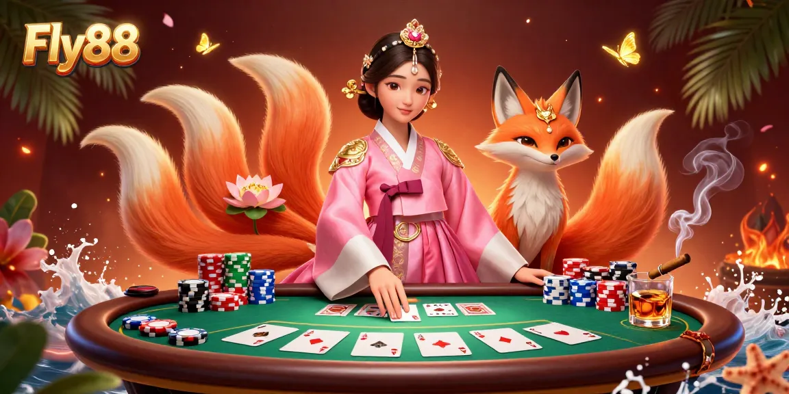 Experience the thrill of gambling at Fly88 with a vibrant casino illustration featuring a lucky fox and poker elements.