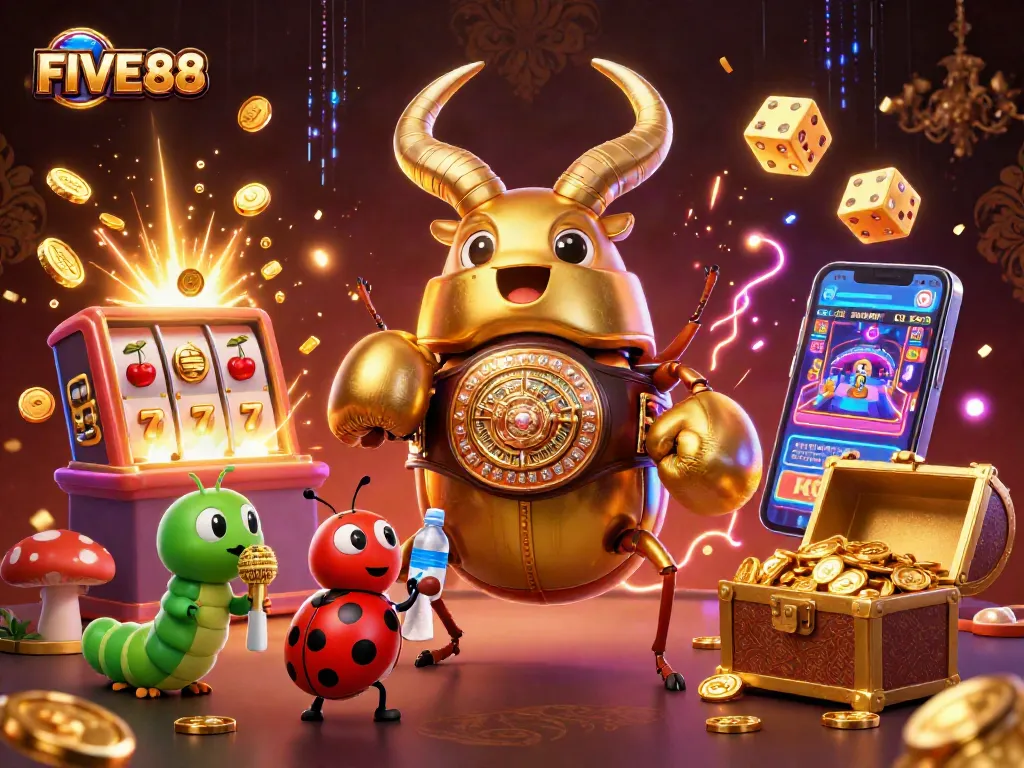 Engage with FIVE88's vibrant casino world featuring colorful characters amidst a jackpot celebration.