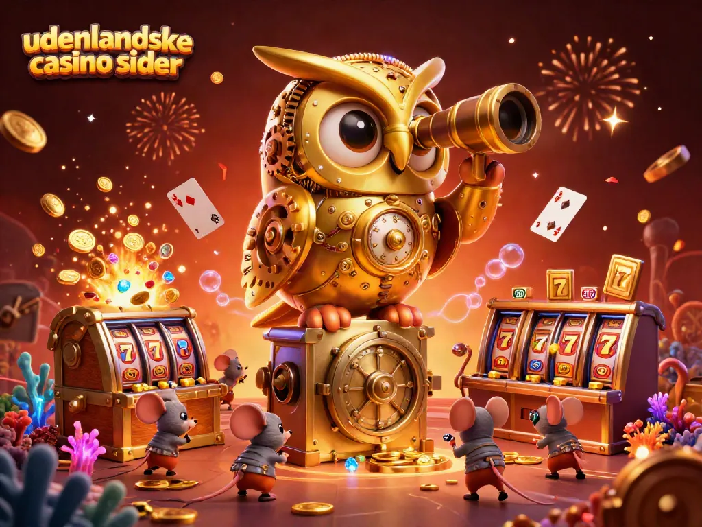 Experience excitement with udenlandske casino sider featuring a whimsical clockwork owl and playful mice in a vibrant casino.