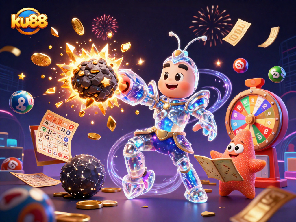 ku88 showcases a samurai shrimp punching an asteroid for coins amidst a colorful gambling celebration