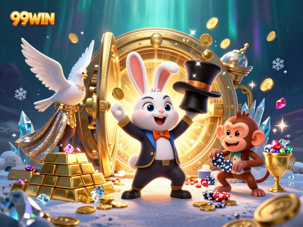 Win big with 99WIN in an exciting casino scene featuring magical characters and treasures.
