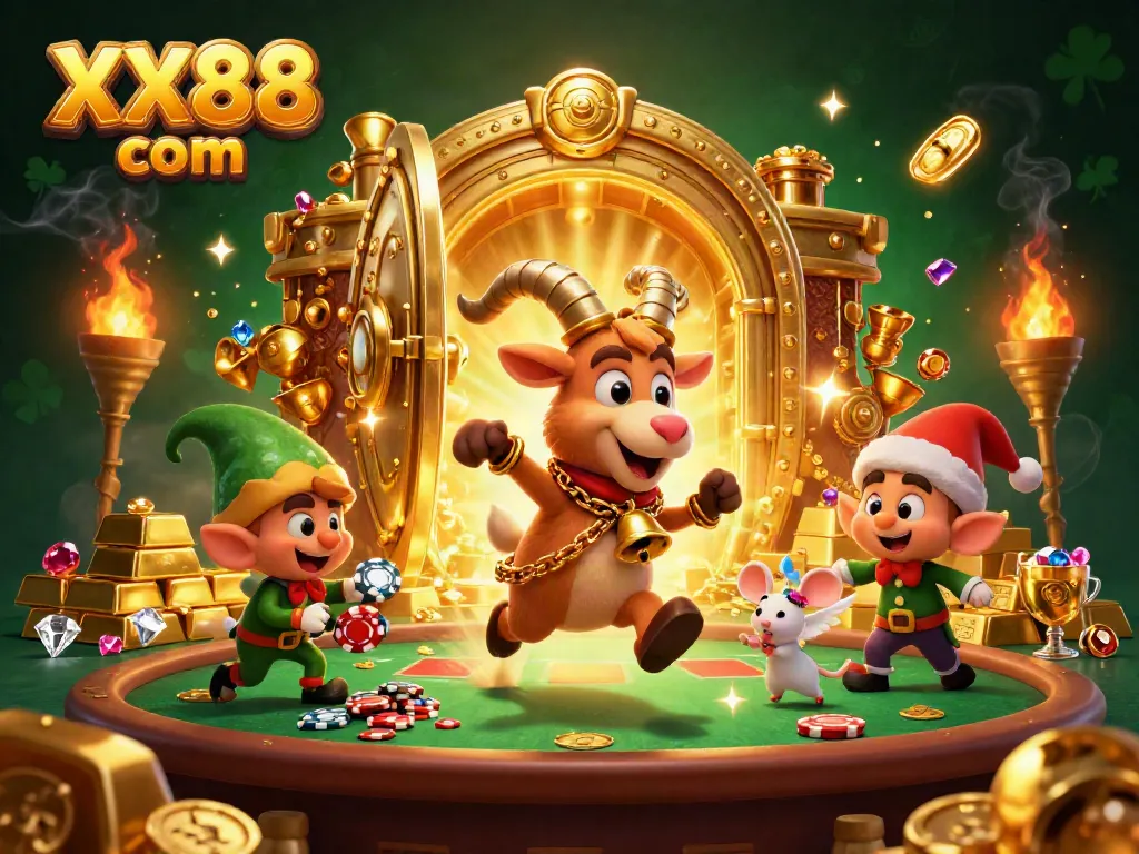 Spin the reels at XX88 com while enjoying festive antics in a vibrant casino scene.