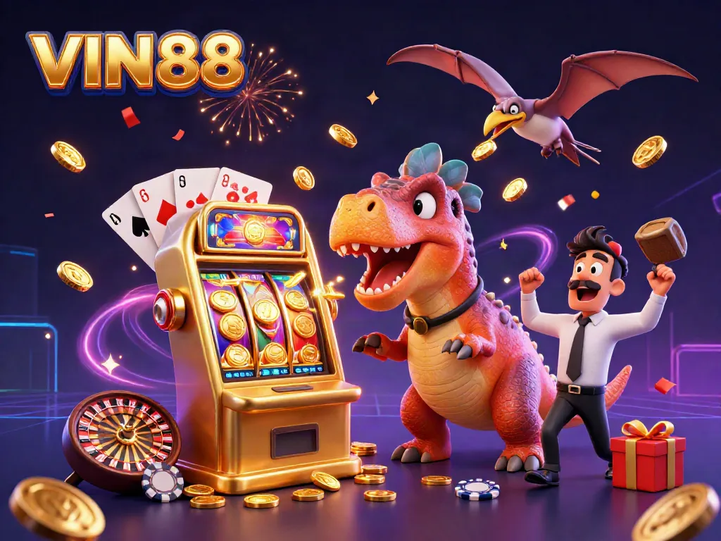 Catch jackpot coins with VIN88 in this vibrant 3D casino scene featuring dinosaurs and dynamic gaming elements.