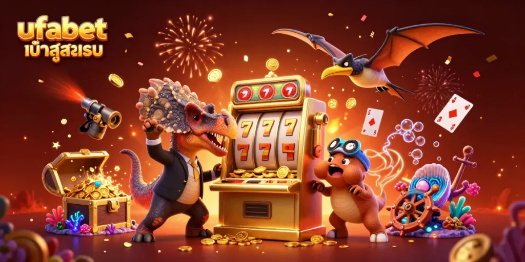 Experience thrill at ufabet เข้าสู่ระบบ with a cartoon dinosaur winning a jackpot from a slot machine.