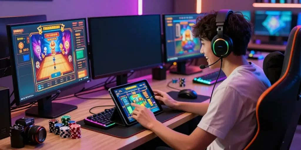 Permainan slot server Thailand yang menarik di tablet dengan aksesori gaming lengkap.