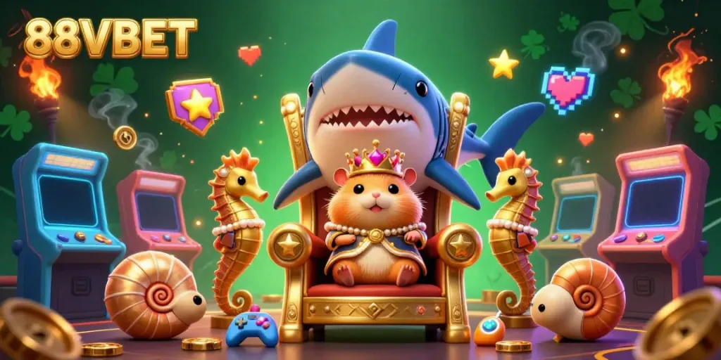 Experience the excitement of 88VBET with a dynamic scene featuring a golden hamster king and royal seahorse guards.