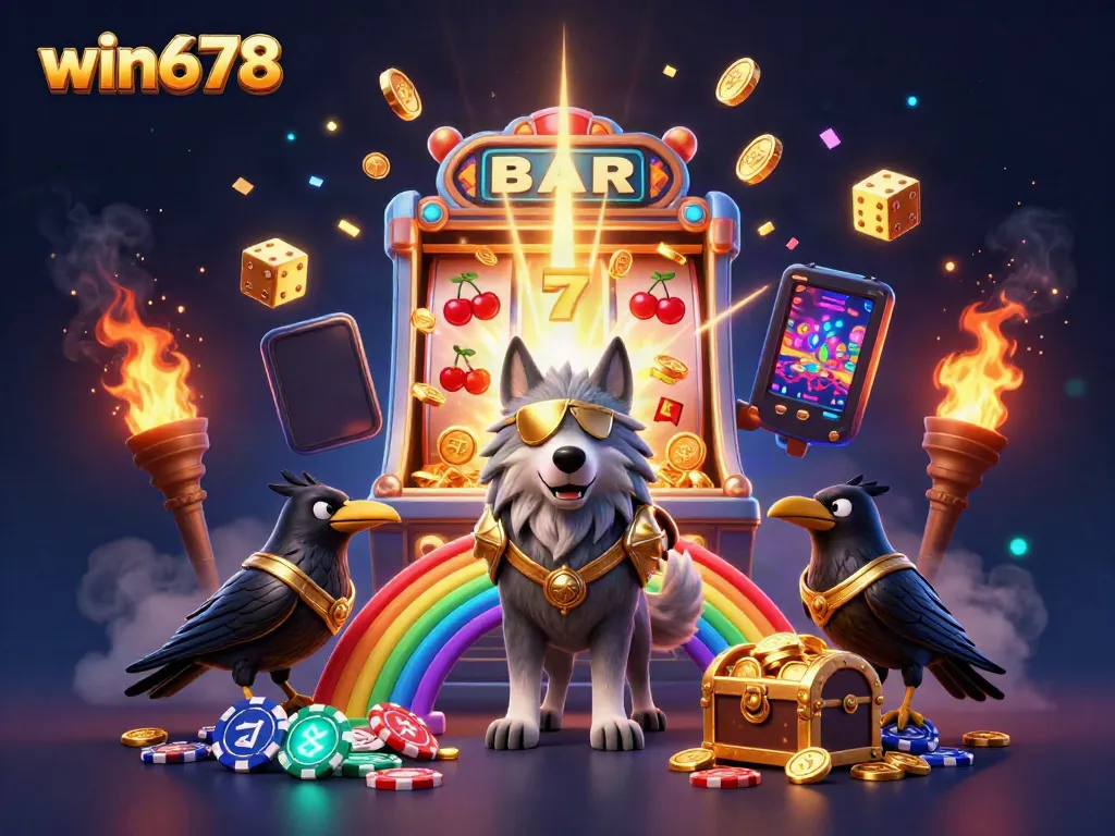 Experience the excitement at win678 with a Norse-inspired casino scene filled with jackpots and vibrant game elements.