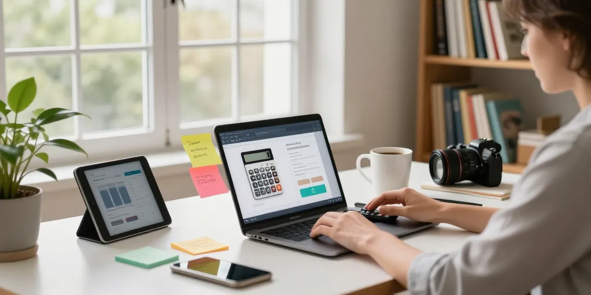 Utilizing a calculator online in a bright home office workspace