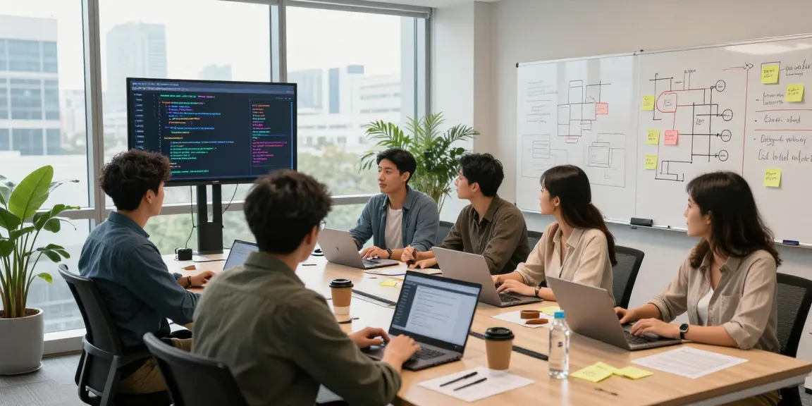 Developers collaborating on API infrastructure management with Waygrid in a modern office.