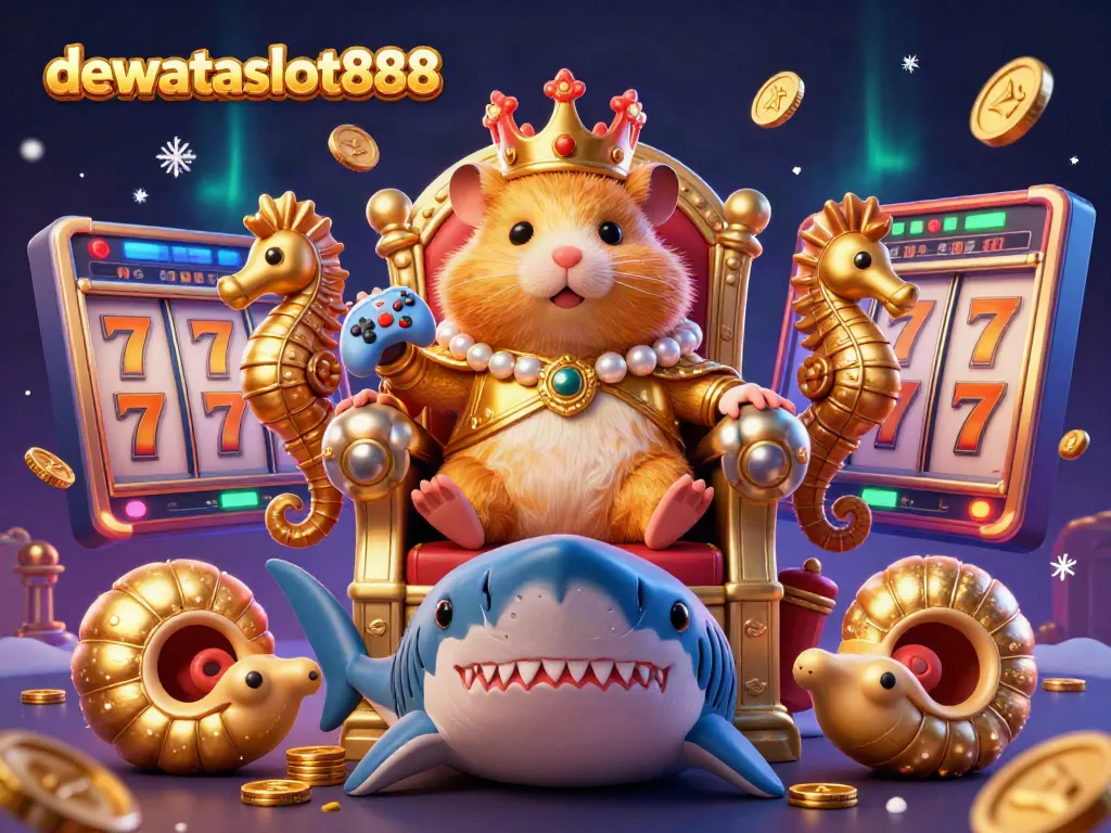 Menangkan jackpot dengan dewataslot888 yang dikelilingi oleh raja hamster emas, slot, dan koin emas yang menciptakan suasana kasino yang megah.