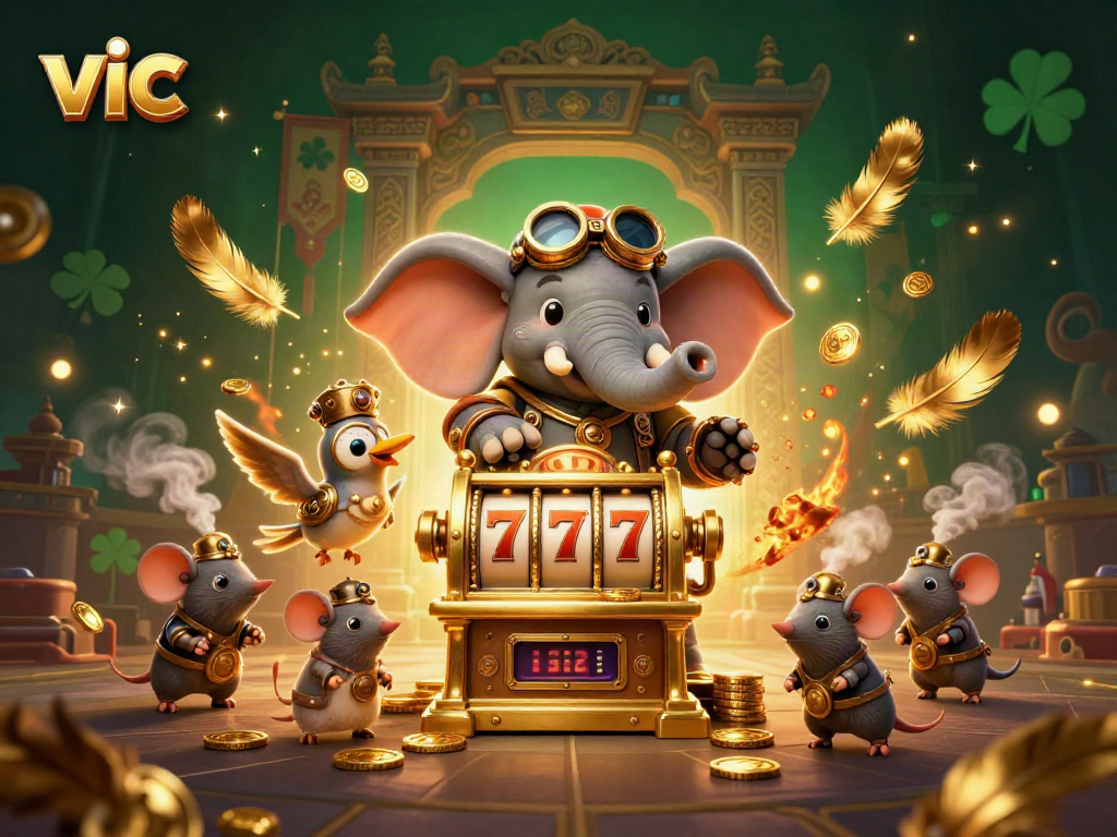 Spin the golden slot with Vic, as steampunk characters immerse in a vibrant casino environment.