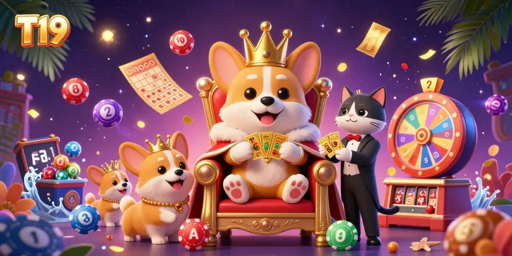 Experience T19's vibrant casino scene with playful characters, colorful lottery elements, and dynamic gameplay.