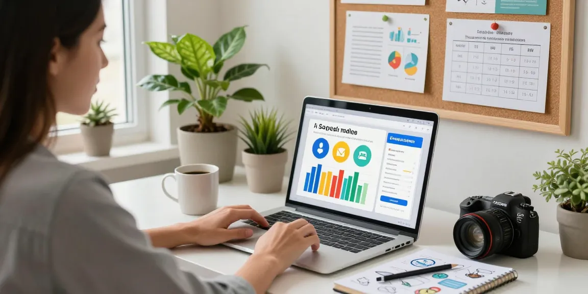 Entrepreneur focused on online promotion for micro businesses in a vibrant home office.