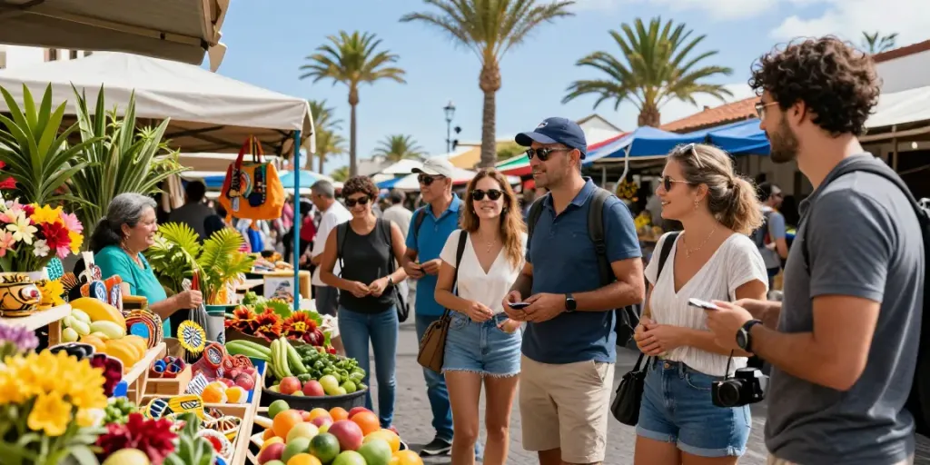 Engaging scene of tourists exploring a vibrant market in the Canary Islands, showcasing lively interactions as part of Canarian news.
