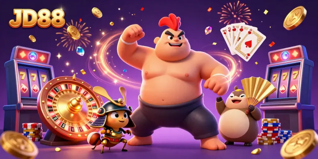 Experience exciting gameplay at JD88 with a vibrant 3D casino scene showcasing lively characters and playful elements.
