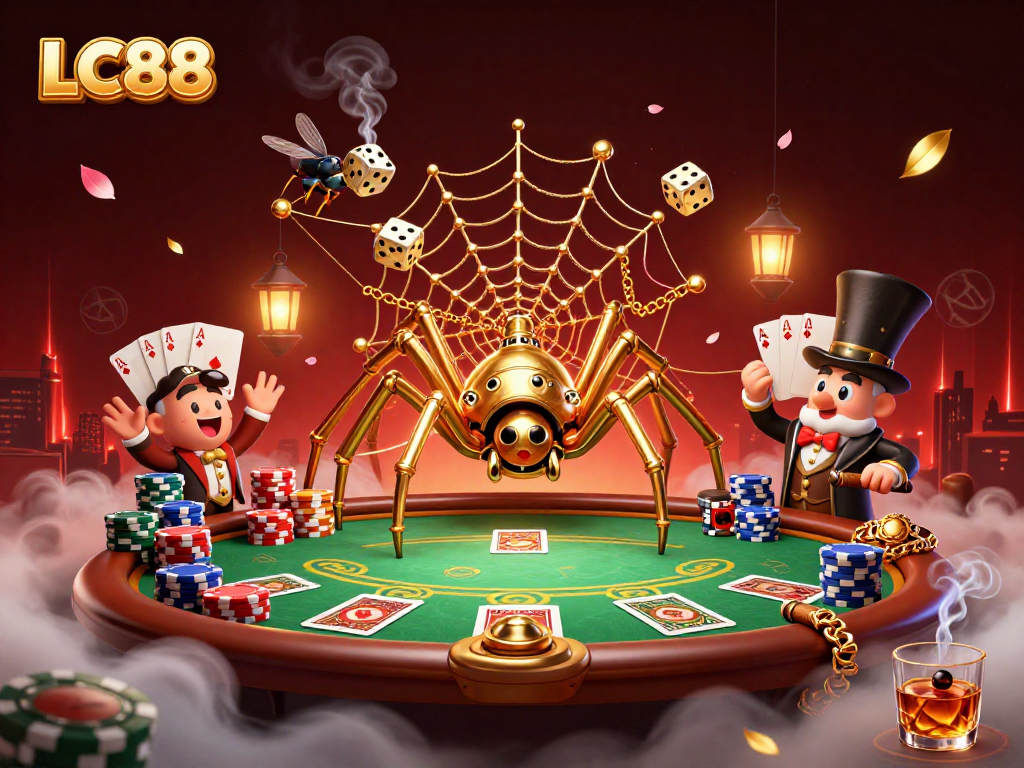 Experience the thrill of gaming at LC88 with a steampunk spider, poker chips, and vibrant casino elements.