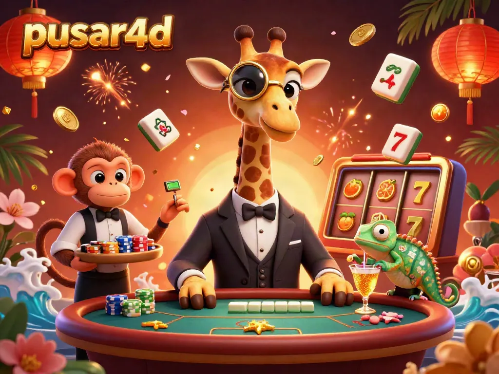 Pusar4d casino illustration showcasing a high-roller giraffe playing slots with vibrant, dynamic game elements.